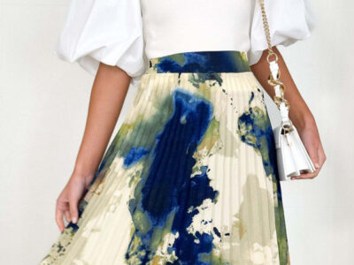 Printed A-Line Pleated Skirt with Elegant Drapery