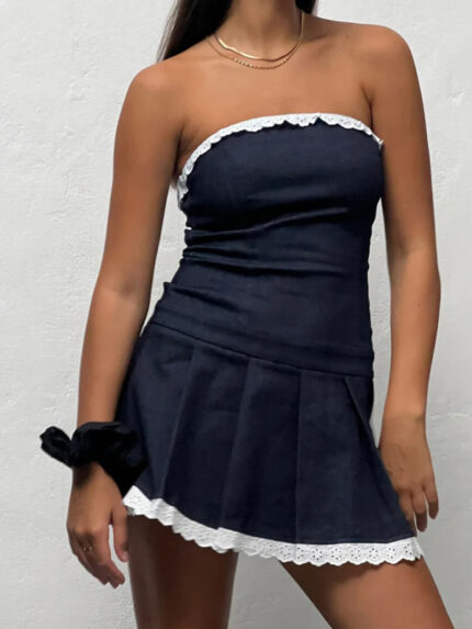 Chic Denim Pleated Miniskirt / Sleeveless Tube Top with Pleated Miniskirt