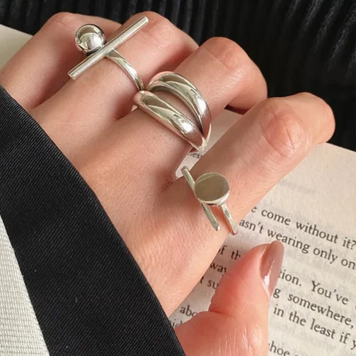 Vintage 925 Sterling Silver Double Layer Ring – Geometric Nail Design Punk Jewelry for Women