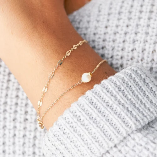 Fashion Simple Layered Chain Bracelet - Thin Faux Pearl, 316L Stainless Steel