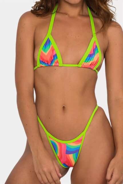 Printed Bikini with Trimmed Edges and Thong-Style Bottom