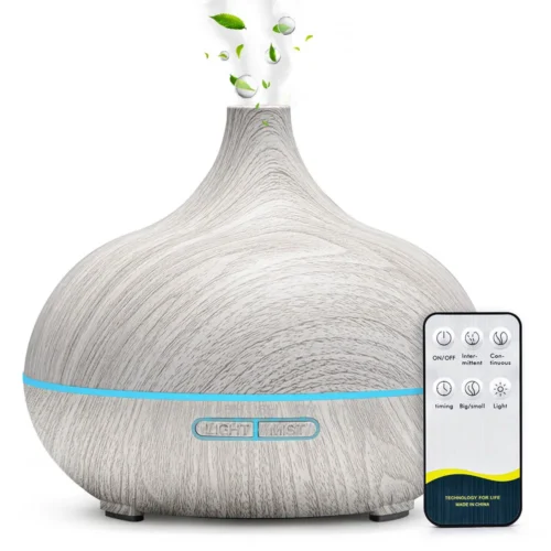 500ML Wood Grain Aromatherapy Diffuser - Ultrasonic Humidifier with Remote Control and 7-Color LED Lights
