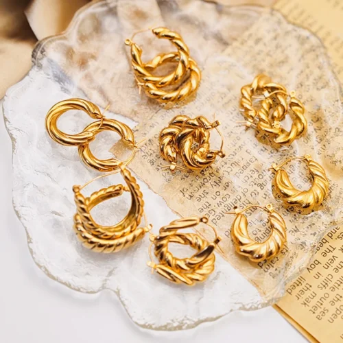 Bold Threaded Stainless Steel Hoop Earrings – Trendy Twist Jewelry for Women