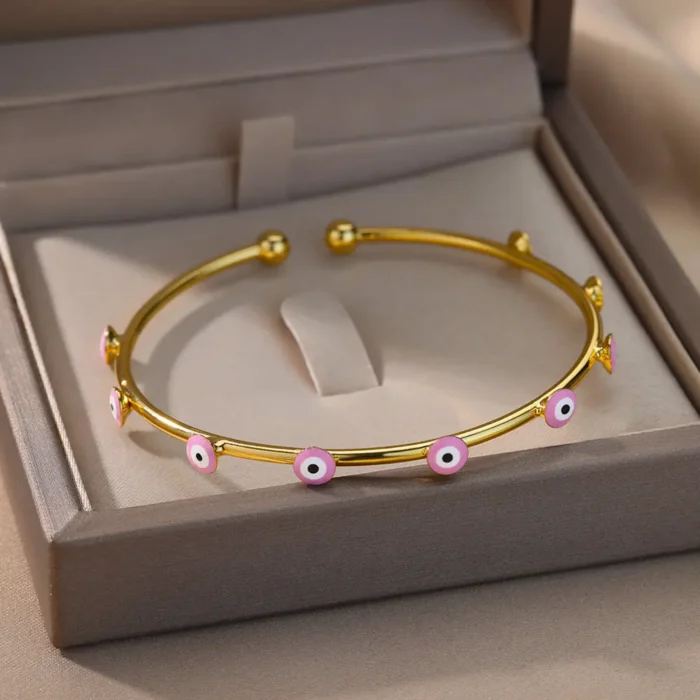 Stainless Steel Gold Plated Zircon Evil Eye Bracelet – Turkish Luxury Bangle for Women