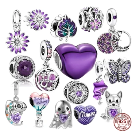 NEW Purple Charm Bead - 925 Sterling Silver Leaf, Daisy & Butterfly, Fits Original Pandora