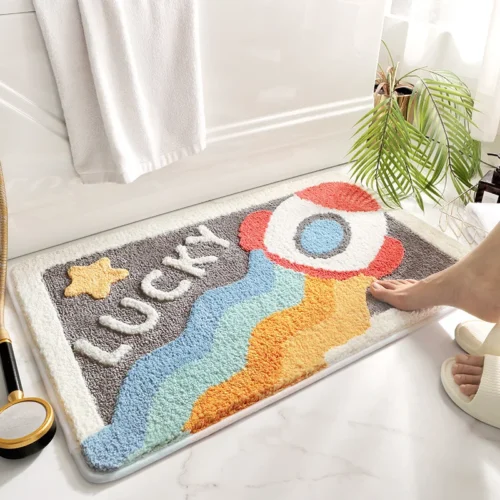 Cartoon Space Series Bath Mat - Super Soft Absorbent Fiber, Thick Flocked Quick-Drying Non-Slip Bathroom Rug