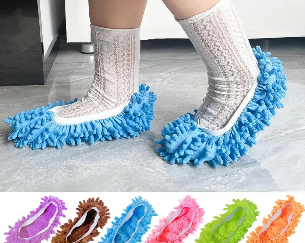 2Pcs Chenille Mop Slipper Shoe Covers - Washable and Reusable Dust and Pet Hair Cleaners - Foot Socks for Floor Cleaning