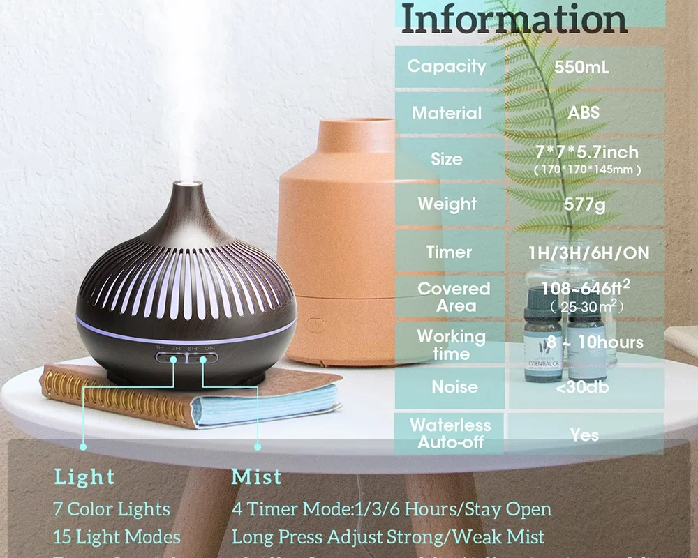 500ML Wood Grain Aromatherapy Diffuser - Ultrasonic Humidifier with Remote Control and 7-Color LED Lights