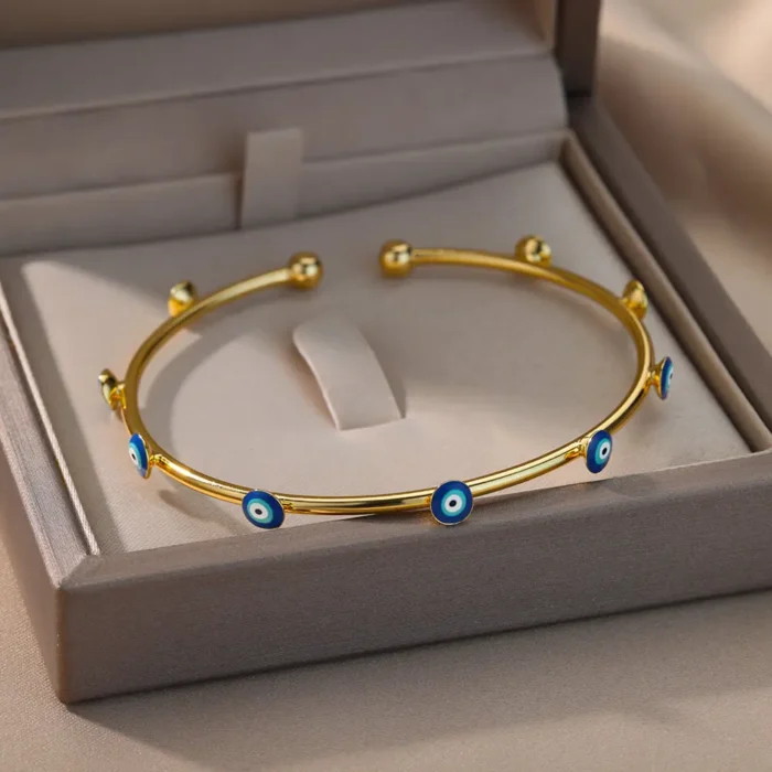 Stainless Steel Gold Plated Zircon Evil Eye Bracelet – Turkish Luxury Bangle for Women