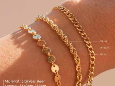 Three Layered Coin, Cuban, and Twist Chain Bracelet - 316L Stainless Steel, Gold Plated