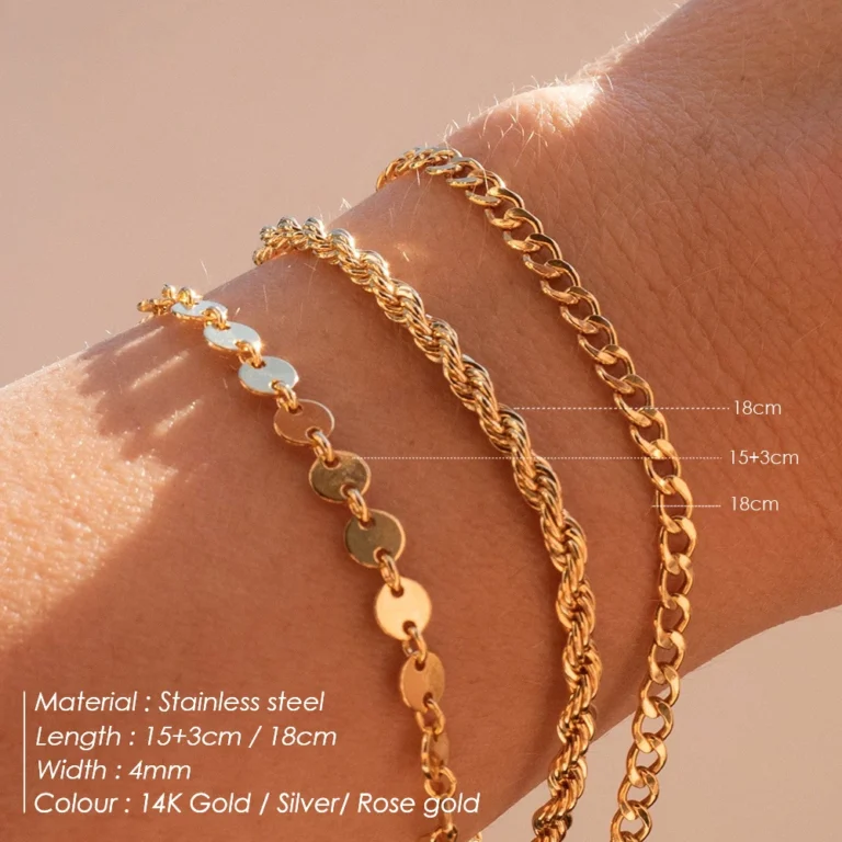 Three Layered Coin, Cuban, and Twist Chain Bracelet - 316L Stainless Steel, Gold Plated