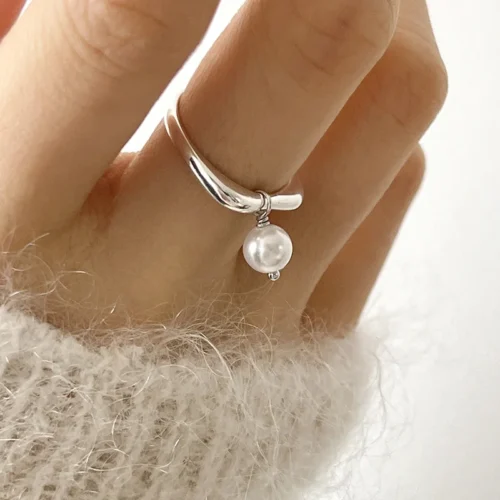 Charming 925 Sterling Silver Pearl Ring Geometric– Korean Sweet Jewelry for Women and Girls