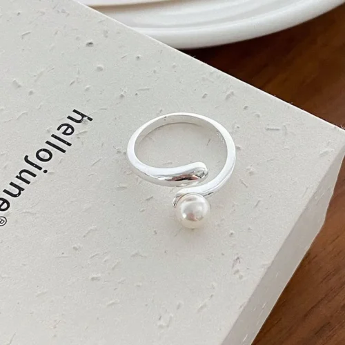 Charming 925 Sterling Silver Pearl Ring Geometric– Korean Sweet Jewelry for Women and Girls