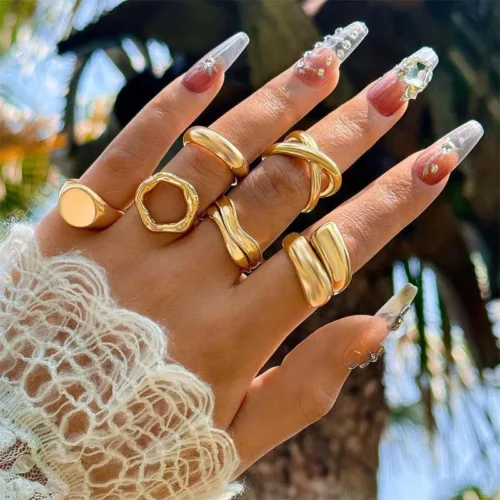 Bold 6-Piece Gold Geometric Rings Set – Chunky Irregular Jewelry for Women