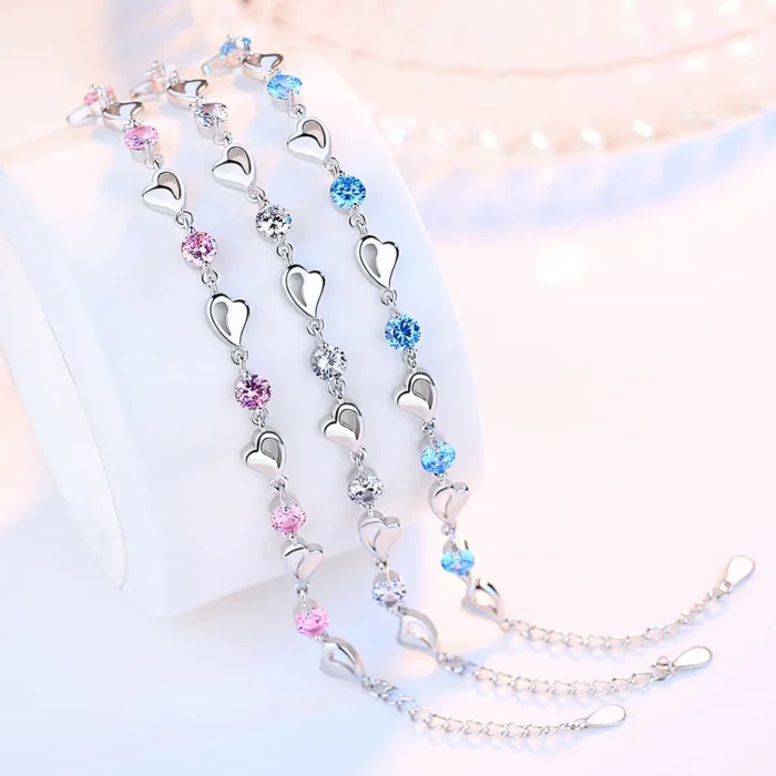 925 Sterling Silver Zircon Heart Bracelets - Crystal Jewelry for Women, Valentine's Day Gift, Wedding Party