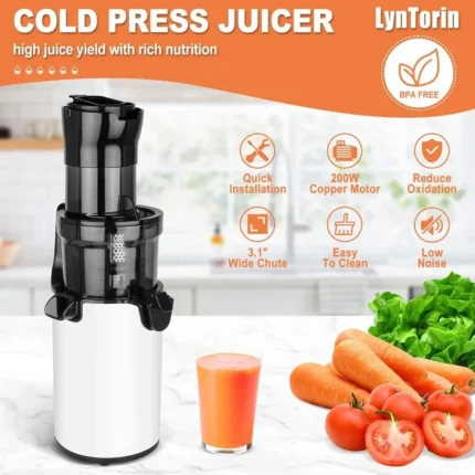 Cold Press Juicer Machine - Compact Masticating Juicer with 3.1" Wide Feed Chute, Slow Extractor for Fruits and Vegetables