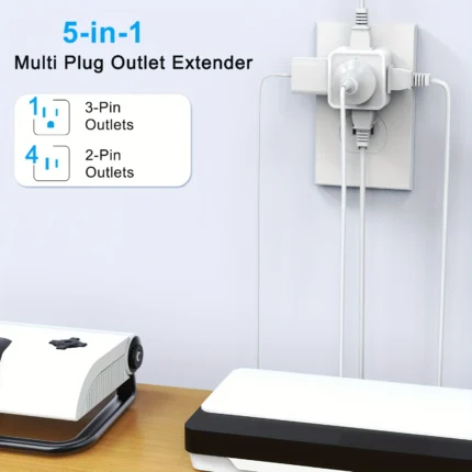 Multi-Plug Outlet Extender - 5 Way Splitter, 90 Degree Angled Side Adapter, Flat Wall Plug Expander