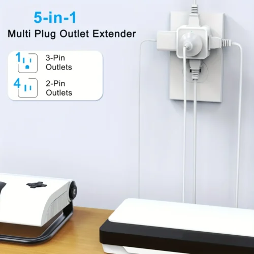 Multi-Plug Outlet Extender, 5 Way Splitter with 90° Angled Side Adapter, Flat Wall Plug Expander