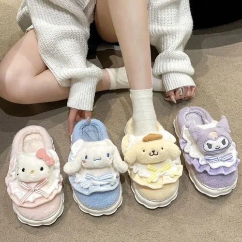Sanrio Cartoon Slippers – Hello Kitty, My Melody, Kuromi, Cinnamoroll – Warm Cotton Home Shoes for Autumn and Winter, Perfect Holiday Gifts