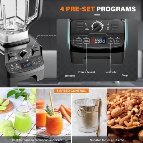 High-Performance Smoothie Blender Maker – 1450W, 4 Preset Programs, 8-Speed Control, 2L Capacity