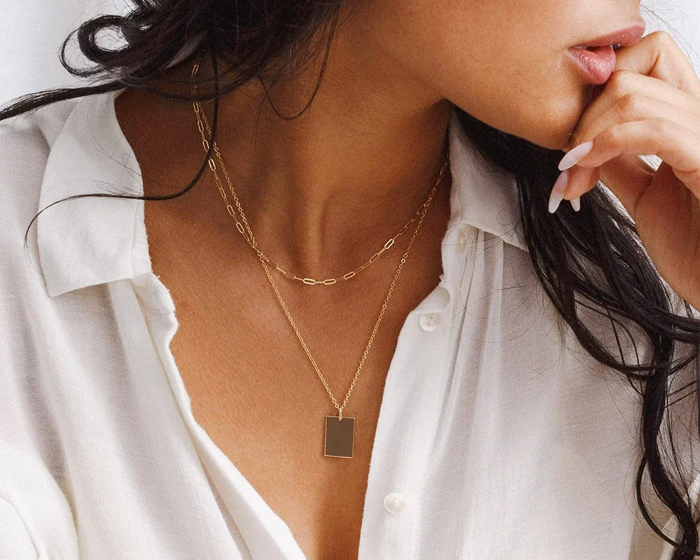 Multilayer Gold Stainless Steel Necklace - Square Pendant Chain for Women