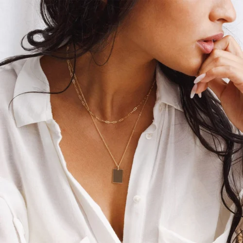 Multilayer Gold Stainless Steel Necklace – Stunning Square Pendant Chain for Women