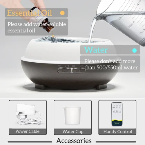500ML Wood Grain Aromatherapy Diffuser - Ultrasonic Humidifier with Remote Control and 7-Color LED Lights