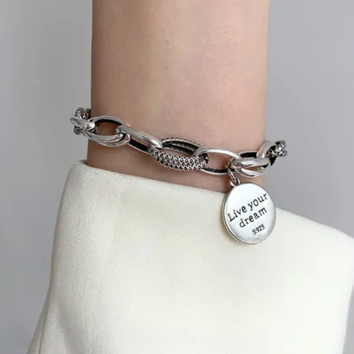 Exquisite 925 Sterling Silver Bracelet – Thai Silver Lucky Punk Jewelry for Women