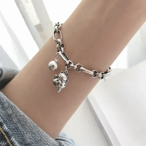 Exquisite 925 Sterling Silver Bracelet – Thai Silver Lucky Punk Jewelry for Women