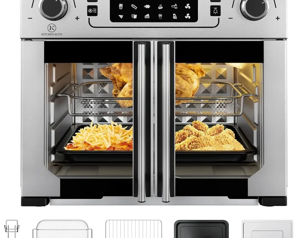 10-in-1 Toaster Oven Air Fryer Combo - 25QT Large Countertop Oven with 10 Touch Screen Presets, Stainless Steel French Doors