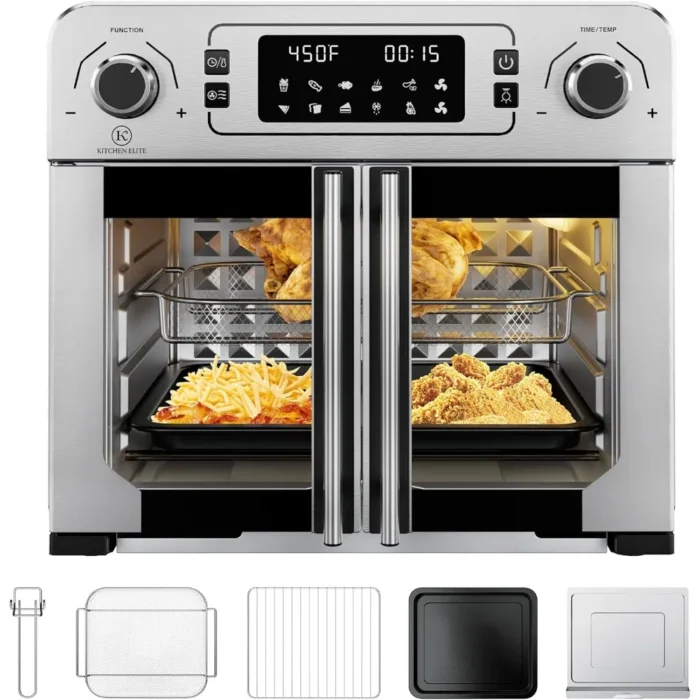 10-in-1 Toaster Oven Air Fryer Combo - 25QT Large Countertop Oven with 10 Touch Screen Presets, Stainless Steel French Doors