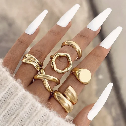 Bold 6-Piece Gold Geometric Rings Set – Chunky Irregular Jewelry for Women