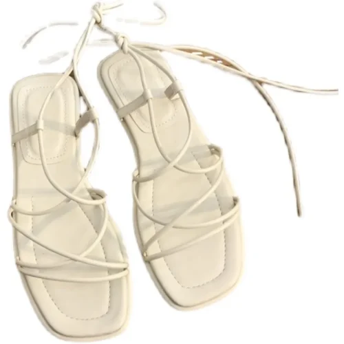Women's Vintage Square Toe Flat Slippers - Narrow Cross Strap Thong Sandals, V Shape Design