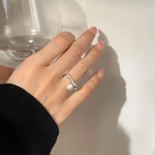Charming 925 Sterling Silver Pearl Ring Geometric– Korean Sweet Jewelry for Women and Girls