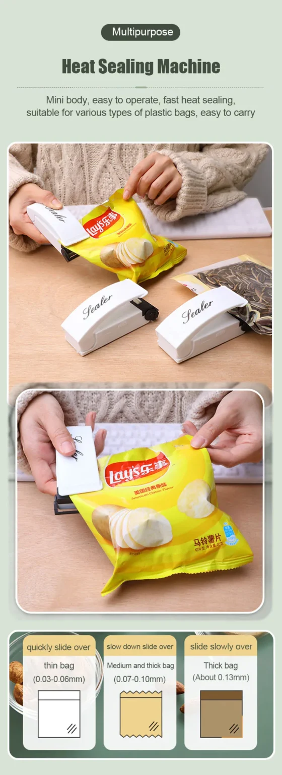 Compact Heat Bag Sealer – Portable Food Sealing Machine for Snacks, Kitchen Storage Clips