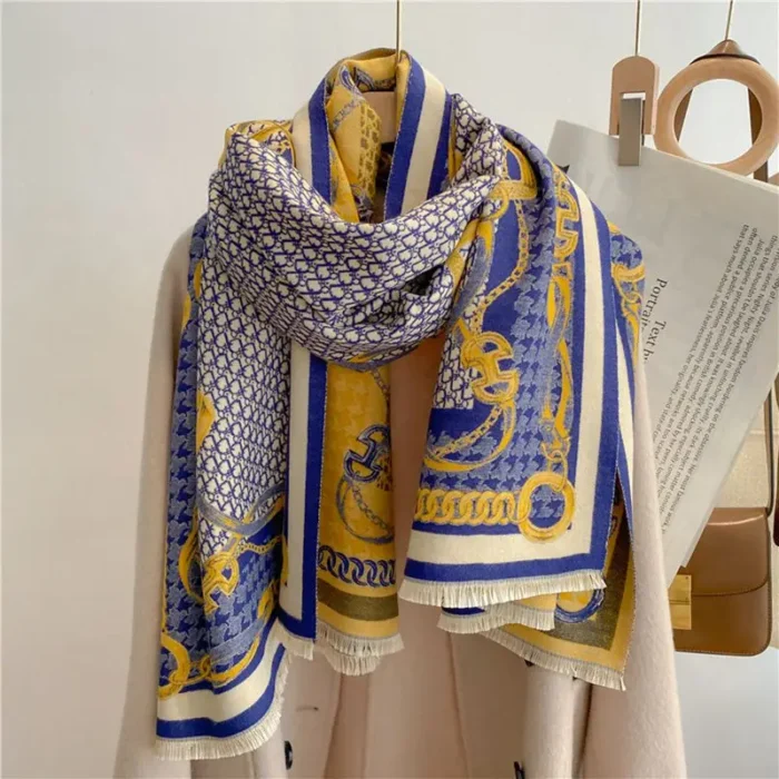 Elegant Double-Sided Winter Scarf | Cashmere Feel, Jacquard Letter Chain Design, Thick, and Warm European & American Style Shawl