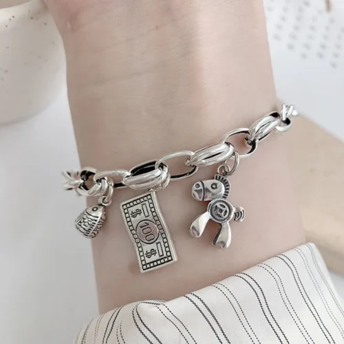 Exquisite 925 Sterling Silver Bracelet – Thai Silver Lucky Punk Jewelry for Women