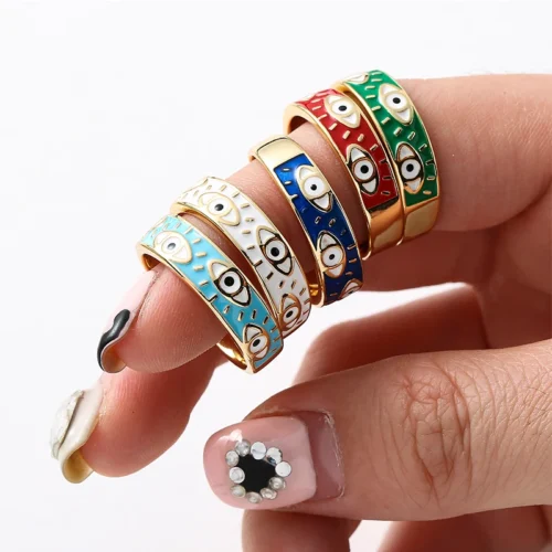 Fashion Aesthetic Evil Eye Blue Finger Rings for Women - Oil Dripping Stainless Steel Adjustable Rings