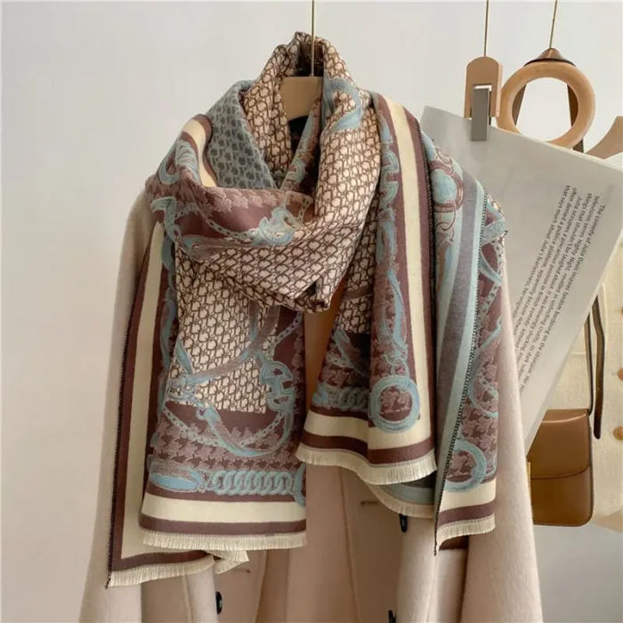 Elegant Double-Sided Winter Scarf | Cashmere Feel, Jacquard Letter Chain Design, Thick, and Warm European & American Style Shawl