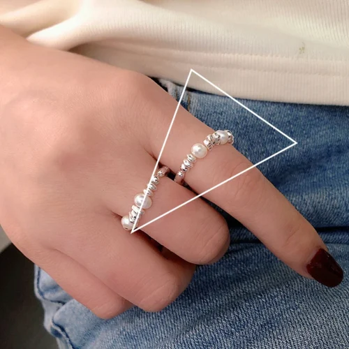 Charming 925 Sterling Silver Pearl Ring Geometric– Korean Sweet Jewelry for Women and Girls