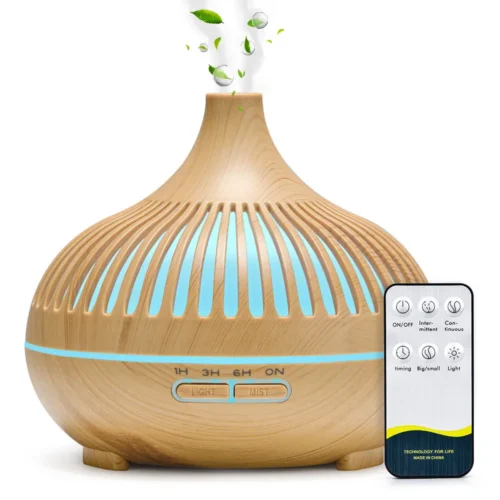 500ML Wood Grain Aromatherapy Diffuser - Ultrasonic Humidifier with Remote Control and 7-Color LED Lights