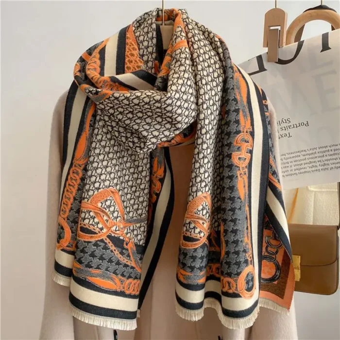 Elegant Double-Sided Winter Scarf | Cashmere Feel, Jacquard Letter Chain Design, Thick, and Warm European & American Style Shawl