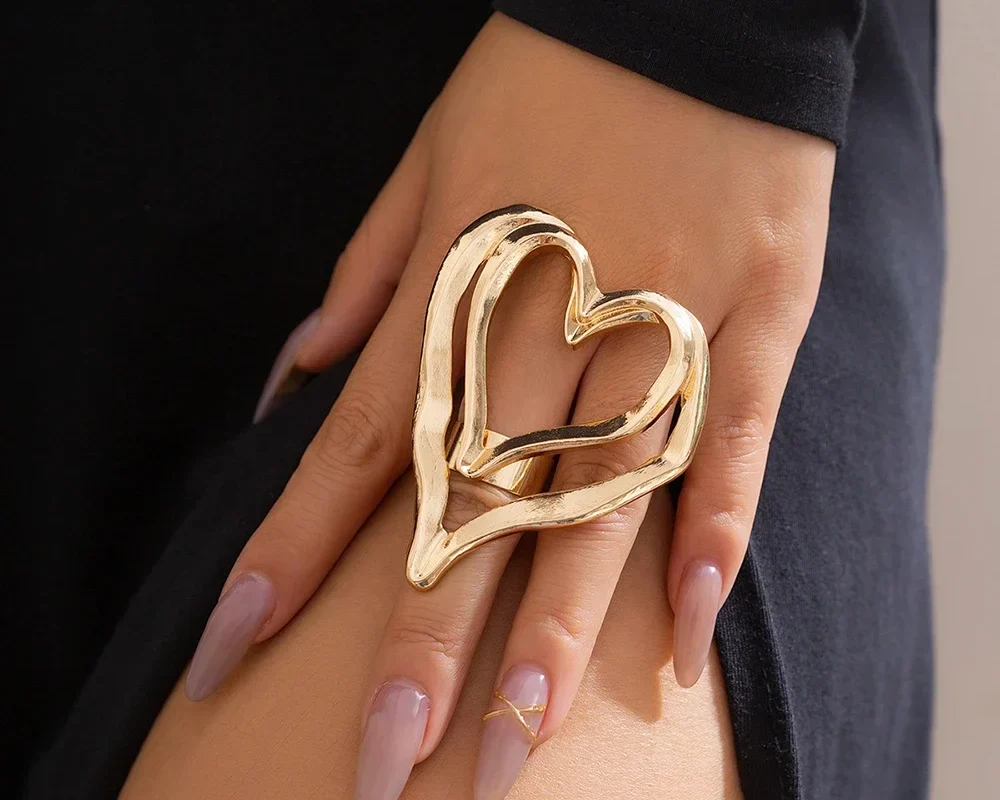 Large Hollow Double Hearts Ring - Women's Trendy Statement Jewelry 2024 Fashion Accessory