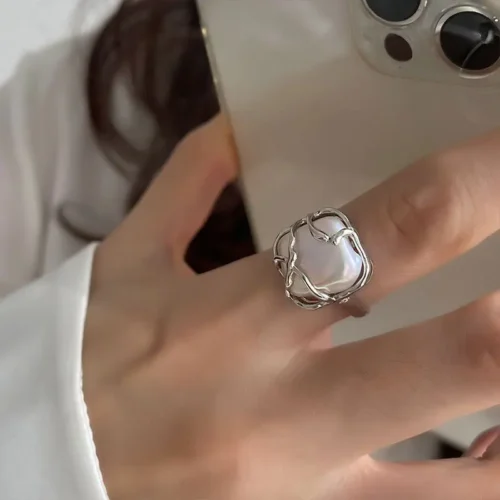 Charming 925 Sterling Silver Pearl Ring Geometric– Korean Sweet Jewelry for Women and Girls