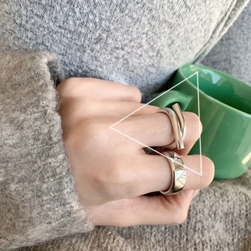 Vintage 925 Sterling Silver Double Layer Ring – Geometric Nail Design Punk Jewelry for Women