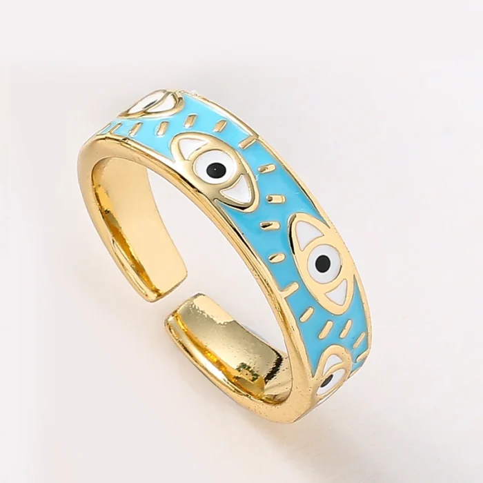 Fashion Aesthetic Evil Eye Blue Finger Rings for Women - Oil Dripping Stainless Steel Adjustable Rings