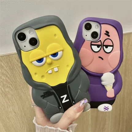 Kawaii 3D SpongeBob Patrick Star Shockproof Silicone Case for iPhone 11-14 Pro Max