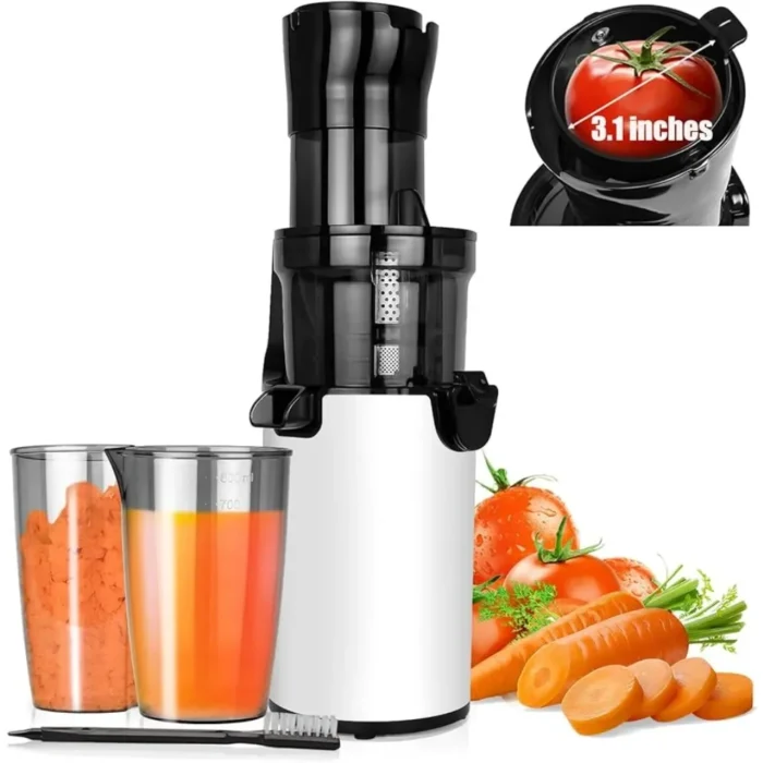 Cold Press Juicer Machine - Compact Masticating Juicer with 3.1" Wide Feed Chute, Slow Extractor for Fruits and Vegetables