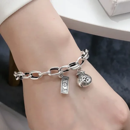 925 Sterling Silver Thai Silver Bracelet – Vintage Geometric Heart Love Lucky Punk Jewelry for Women