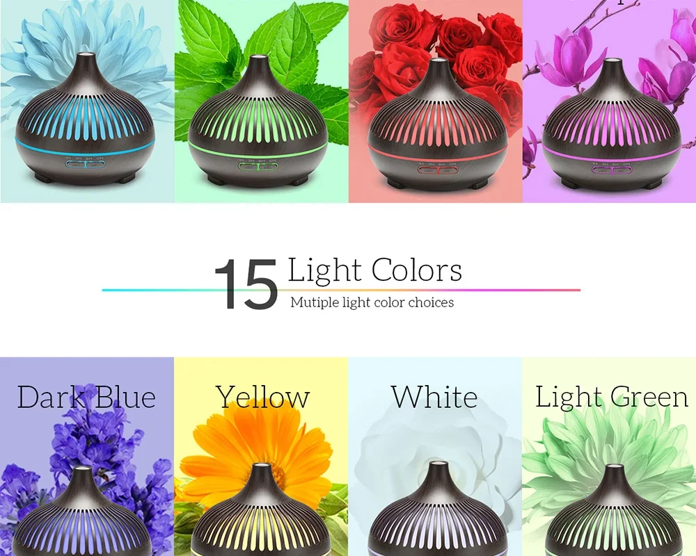 500ML Wood Grain Aromatherapy Diffuser - Ultrasonic Humidifier with Remote Control and 7-Color LED Lights